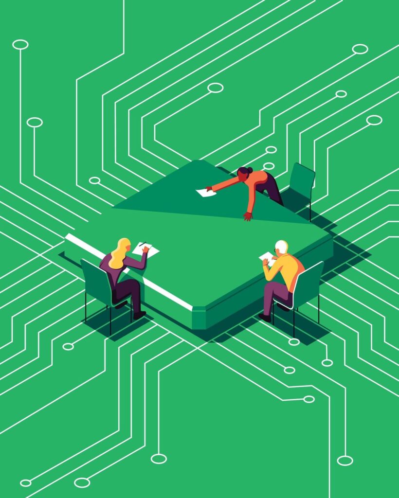 green image of people working